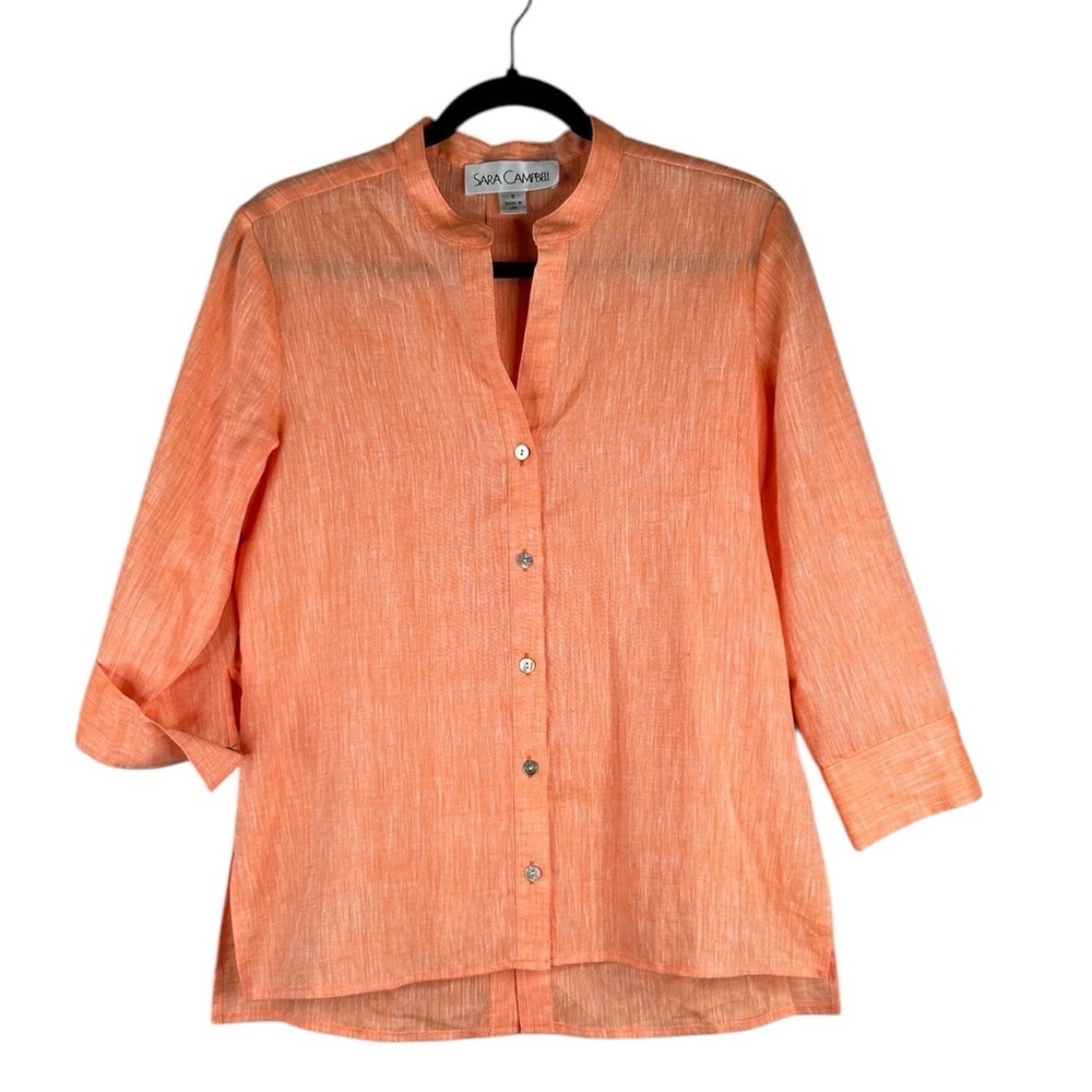 Sara Campbell Coral Linen Blend Coastal Classic Button Down Top Size‎ Small